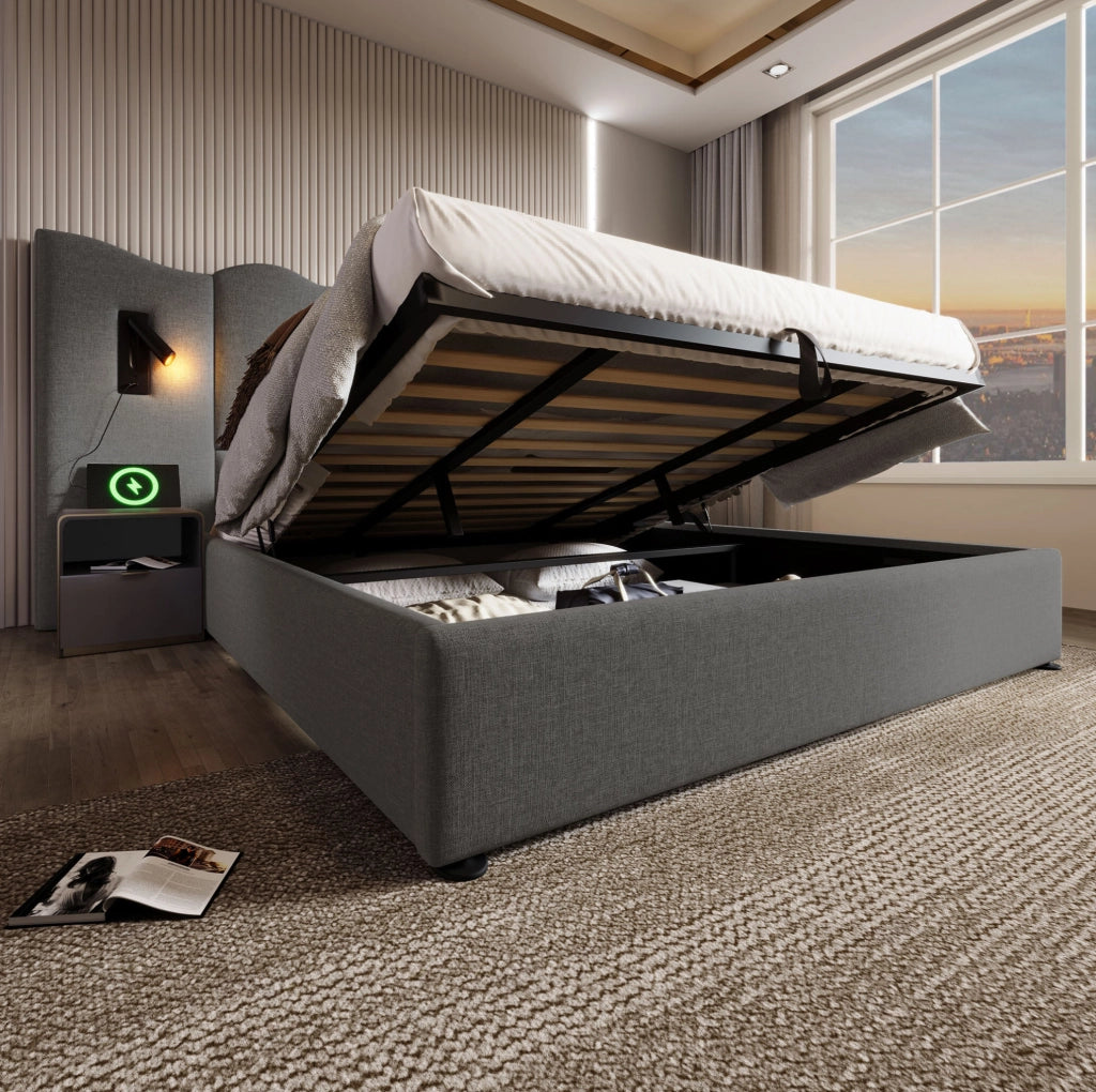 Letto matrimoniale 180x200 cm con contenitore; lampada da lettura e ricarica USB Type-C; grigio in lino