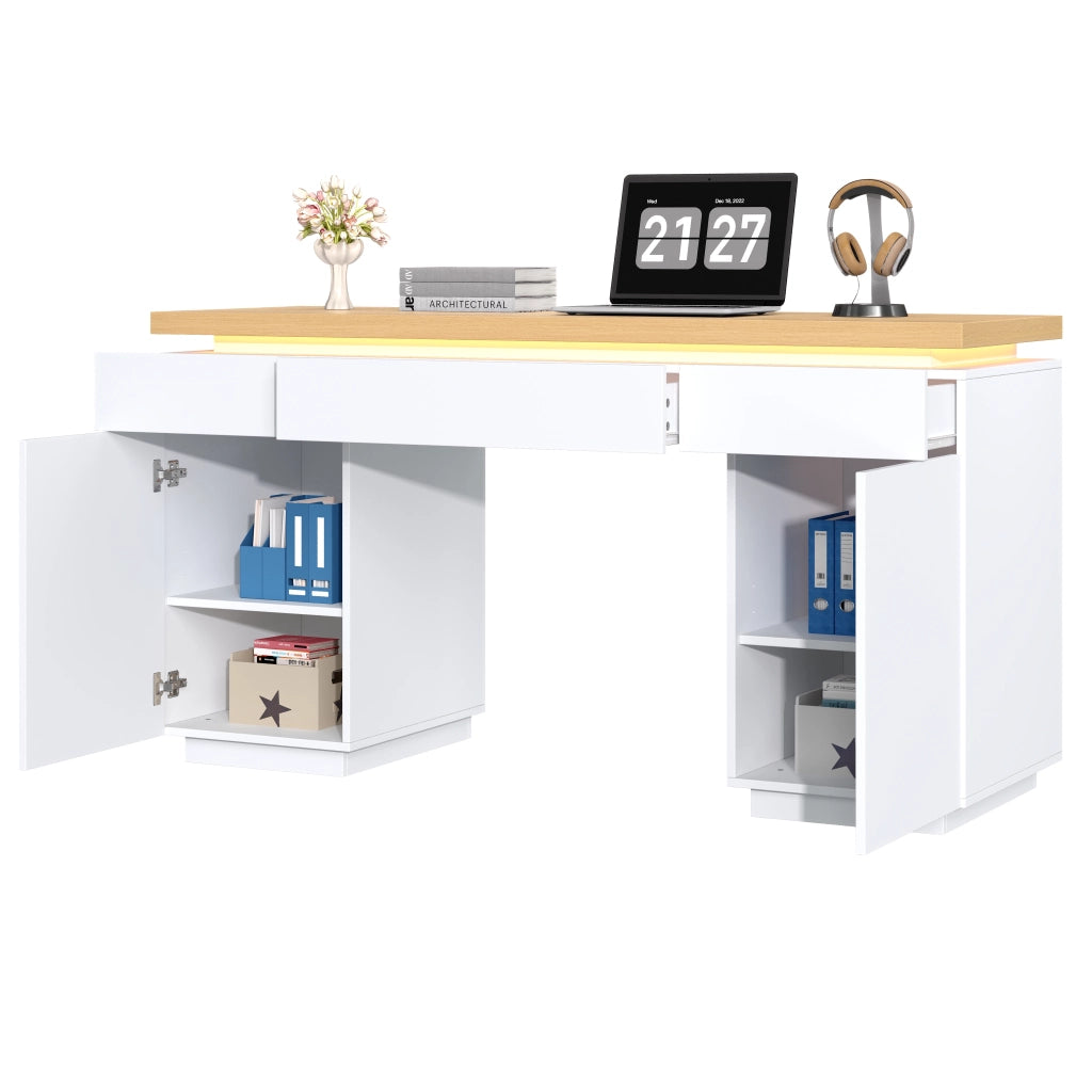Scrivania con LED multicolore; 140 x 50 cm; 3 cassetti e 2 ante; MDF bianco e rovere