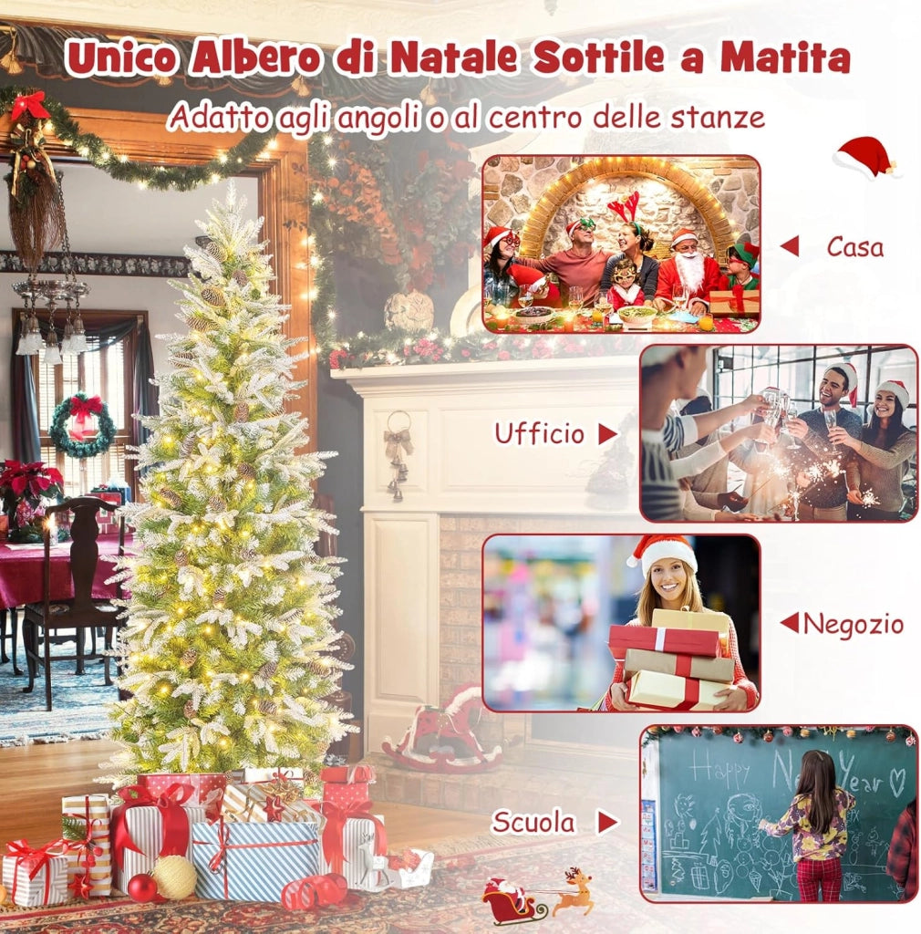 Albero di Natale Slim Pre-Luminoso 190/225 CM, Albero di Natale Artificiale Innevato con 280/350 Luci LED Bianche Calde, Rami Articolati e 671/913 Punte e 60/75 Pigne (190 CM)