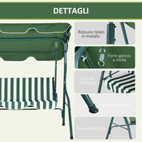 Dondolo 3 Posti con Tettuccio Regolabile 170x110x153 cm in Acciaio e Poliestere Verde e Bianco