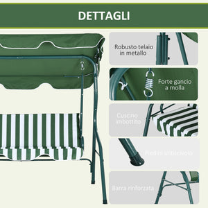 Dondolo 3 Posti con Tettuccio Regolabile 170x110x153 cm in Acciaio e Poliestere Verde e Bianco