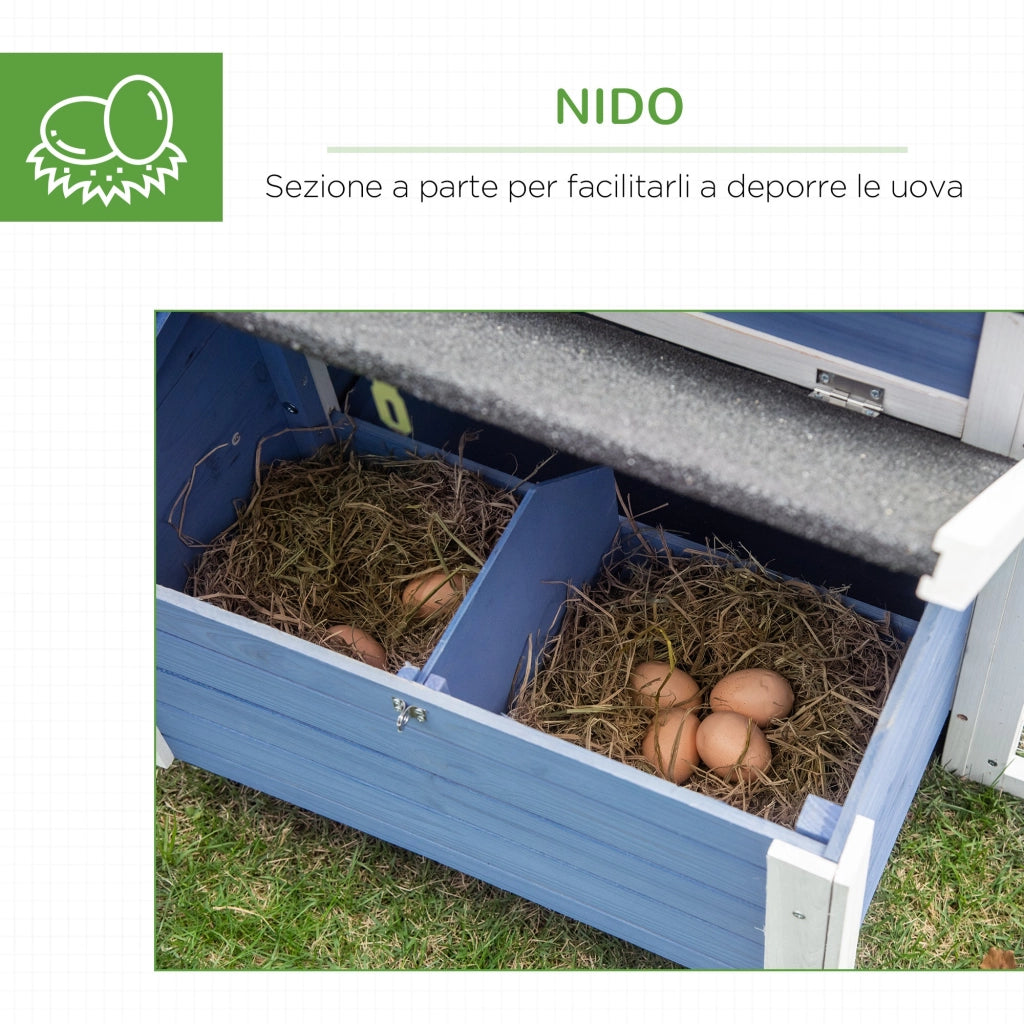 Pollaio per Galline con Corsa Vassoio di Nidificazione Rimovibile in Legno Bianco e Blu 180x90.1x78.6 cm