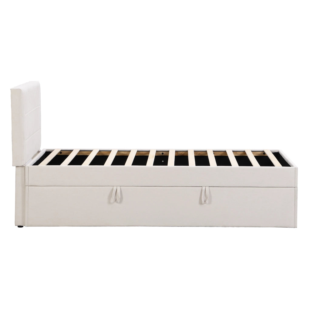 Letto singolo imbottito beige 90x200 cm con rete a doghe e contenitore