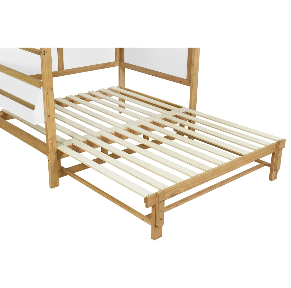 Letto per bambini a casetta con letto estraibile 140x200 cm; in legno massello e MDF; bianco e naturale