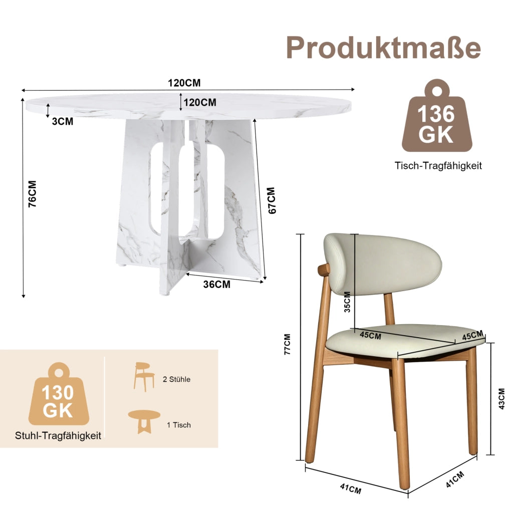 Set tavolo rotondo da pranzo 120 cm in MDF effetto marmo bianco con 2 sedie