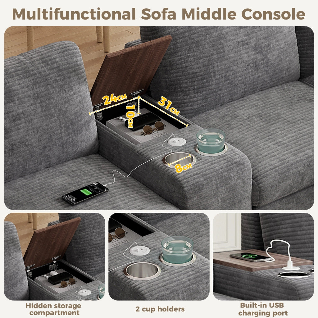 Divano angolare modulare 6 posti con ottomana contenitore console mobile e porte USB in corduroy grigio