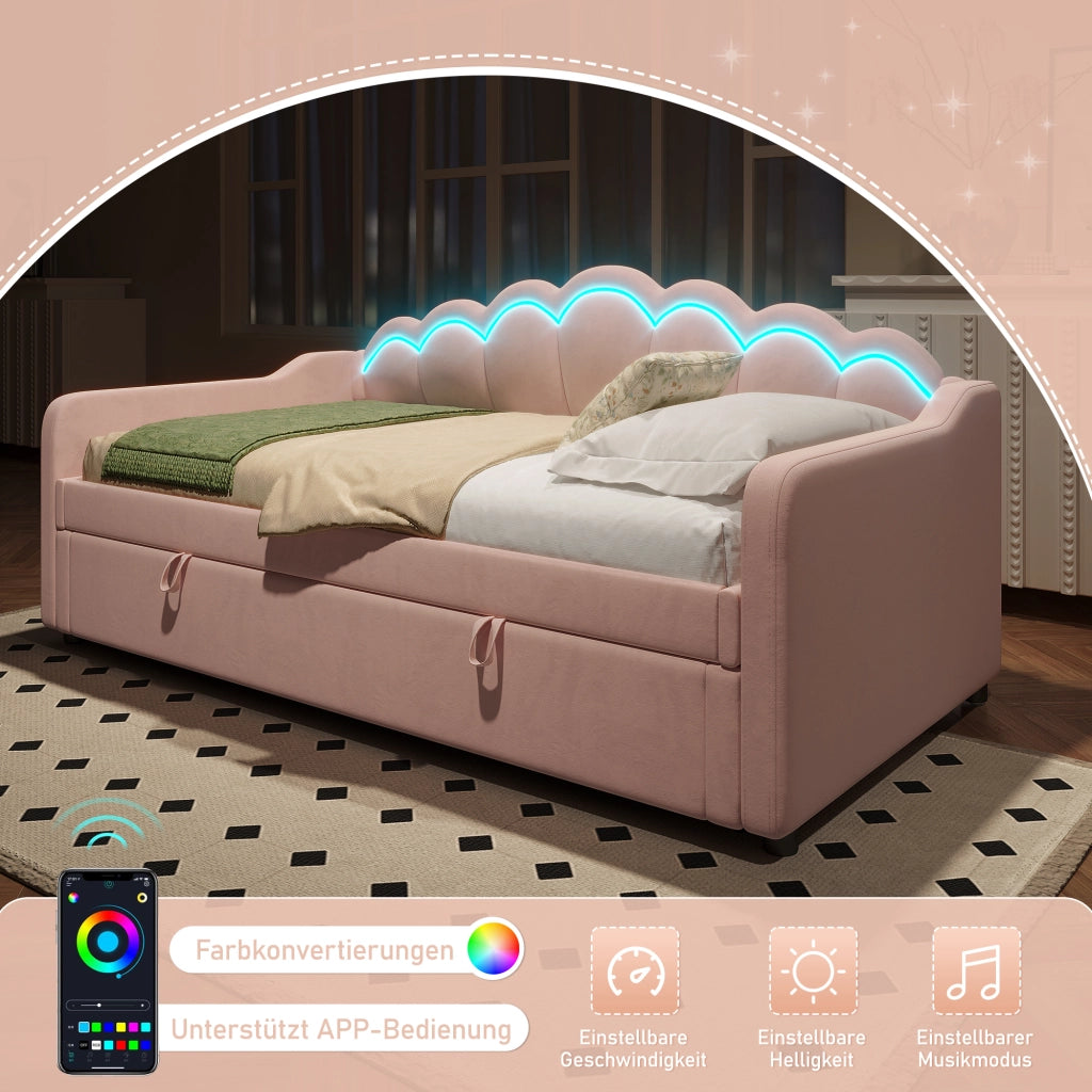 OKWISH Letto Divano 90×200 cm, Letto Singolo con Contenitore, LED Multicolore e Telecomando, senza Materasso, in Velluto, Rosa
