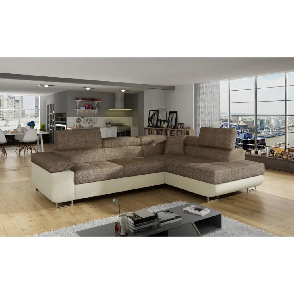 Divano ad angolo convertibile MENTON beige bouclé – 4 posti con vano contenitore e poggiatesta