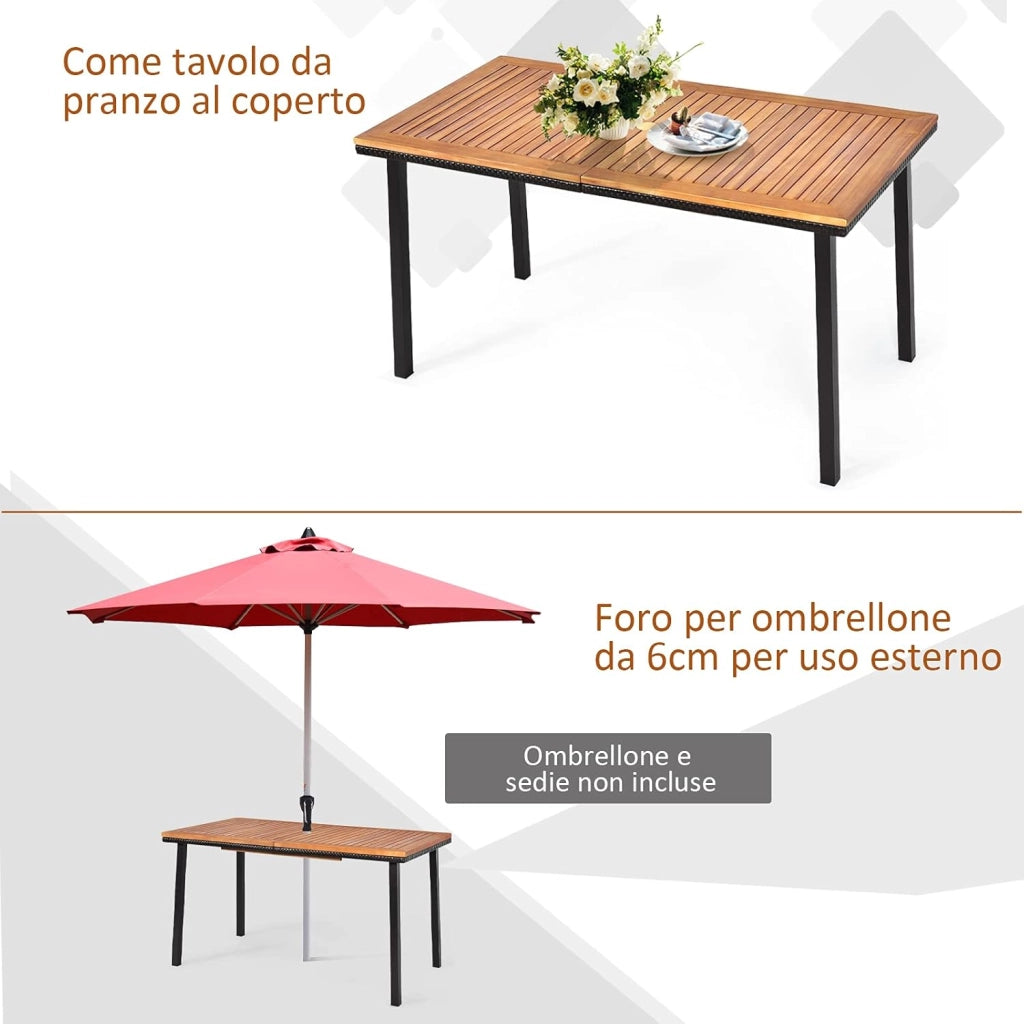 Tavolo da Giardino in Legno di Acacia, Tavolo Rettangolare con Struttura in Acciaio e Foro per Ombrellone, Ideale per Giardino Cortile Balcone, 140 x 75 x 76 cm