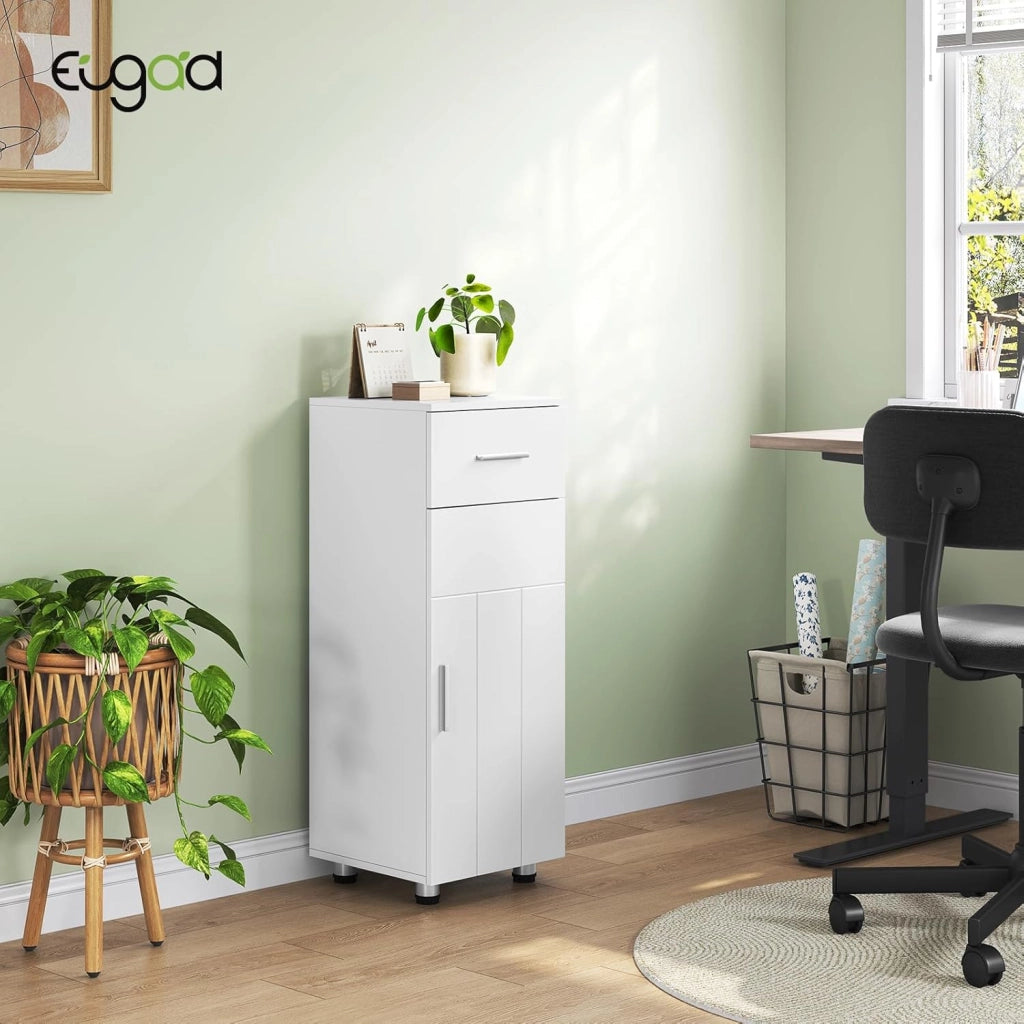 Mobiletto da Bagno Salvaspazio a Colonna, Armadietto in Legno, Mobile da Bagno a Terra, con Cassetto, Anta e Ripiano Regolabile, Bianco