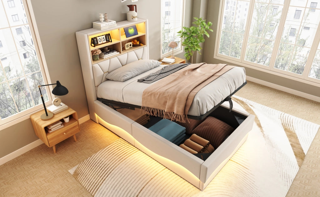 DESMIU Lit enfant 90 × 200 cm con LED, USB, vano contenitore, senza materasso, beige