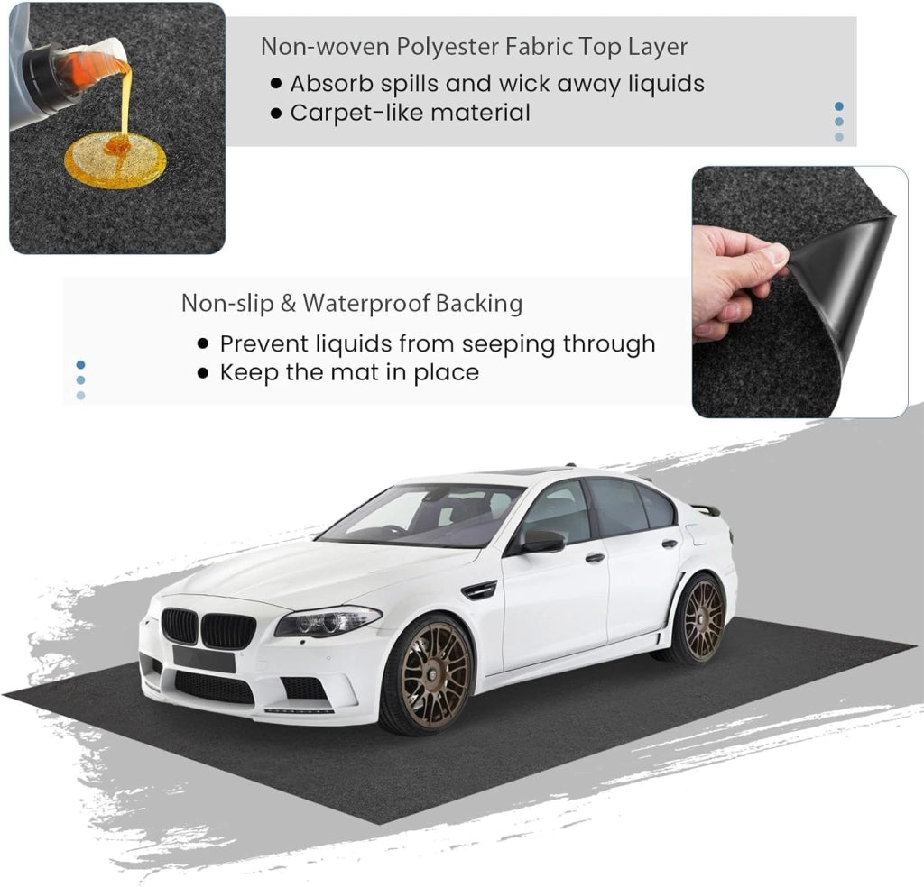 Tappetino per auto, tappetino antiscivolo e impermeabile, 252,5 x 221 cm, protezione contro fango, neve, olio e acqua, con nastro biadesivo per garage, officina (grigio)