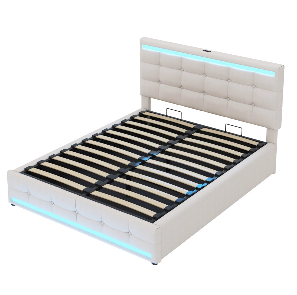 Letto matrimoniale 140x200 cm imbottito con LED, 2 porte USB e contenitore beige