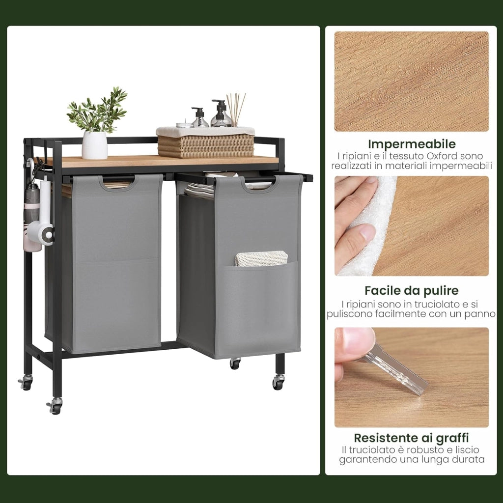 Cesto Portabiancheria, 2 Sacchi in Tessuto Oxford Rimovibili, Porta Biancheria, Struttura in Metallo, per Bagno e Lavanderia, 70x30x71cm, Capacità 40L per Cesto