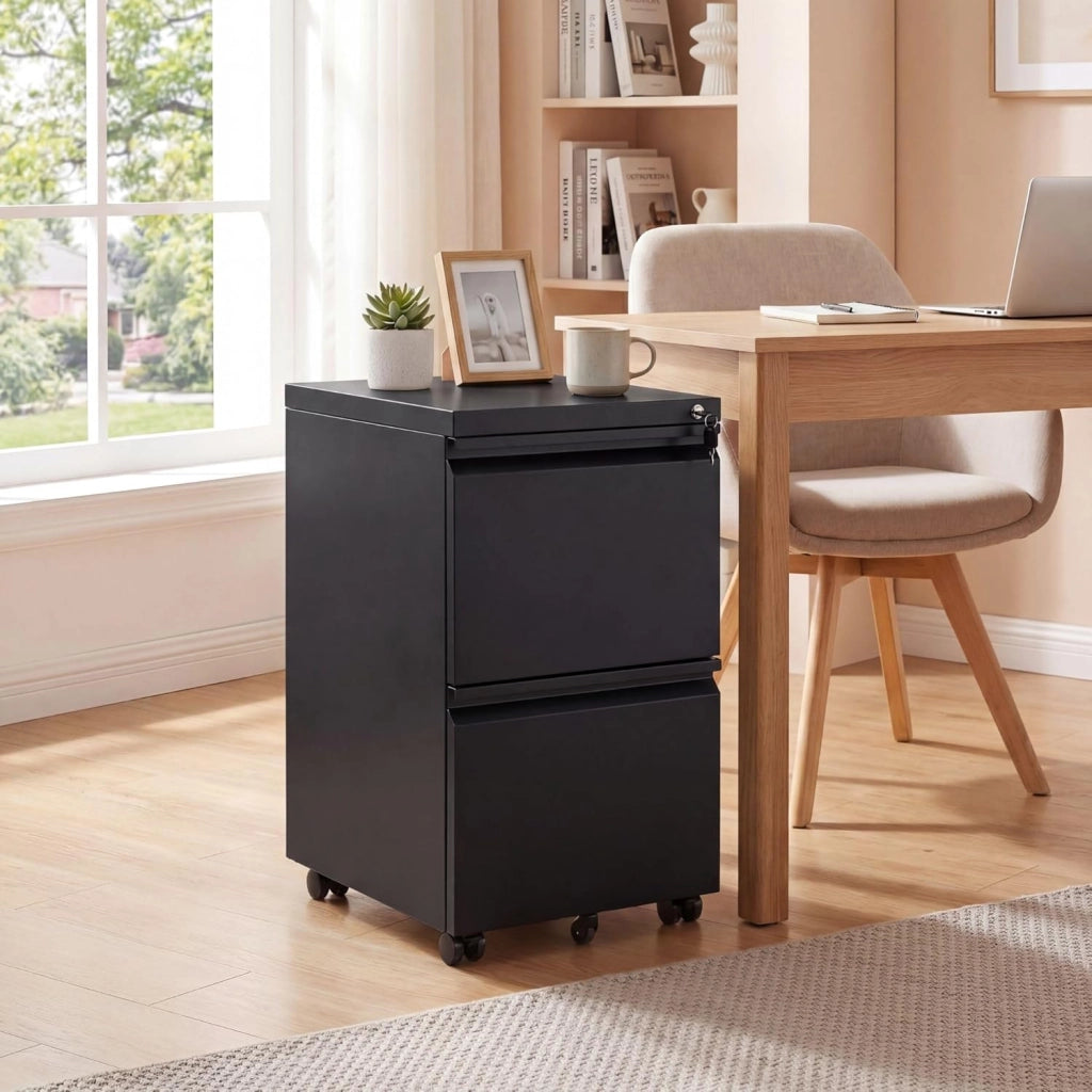 Cassettiera per Ufficio con 5 Ruote, Cassettiera per Archivio in Acciaio con 2 Cassetti, 2 Barre Appendicartelle Regolabili e Serratura, 2 Colori (Nero)