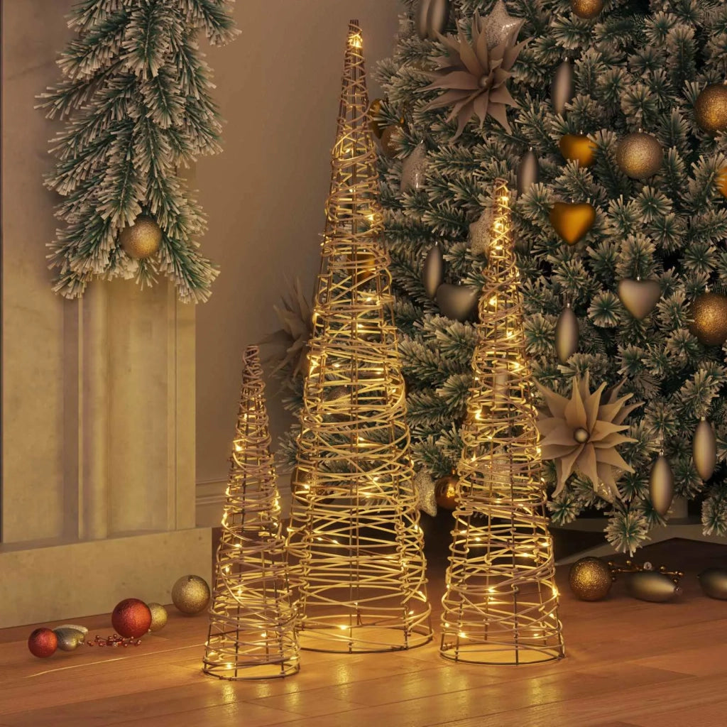 Albero di Natale 3 pcs Bianco caldo 20 x 20 x 80 cm Rattan