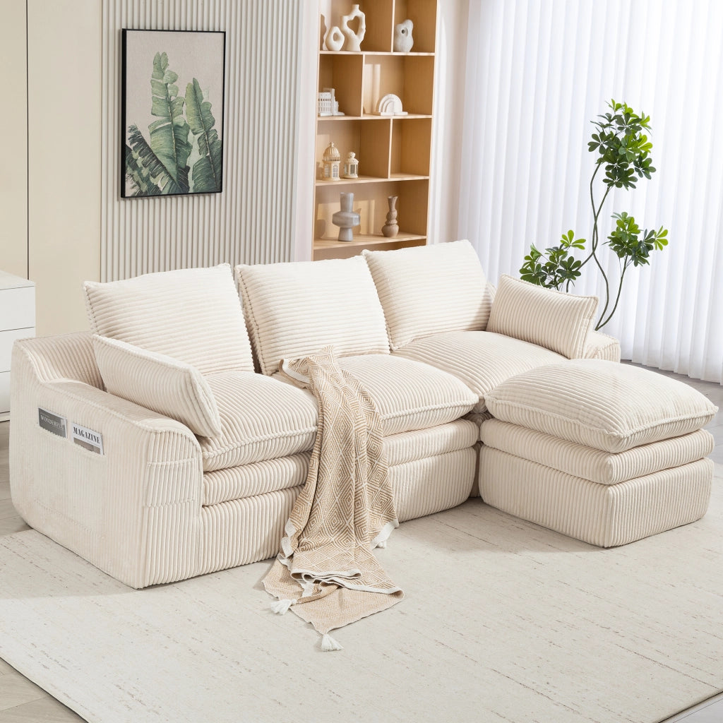 Divano modulare 3 posti - con pouf; tasche laterali e cuscini - in corduroy beige