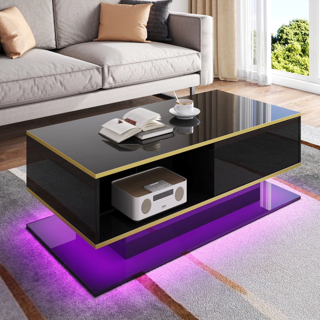 Tavolino da salotto con 3 Cassetti e 1 Vano aperto con LED; Decorazione dorata; in Truciolare; Nero