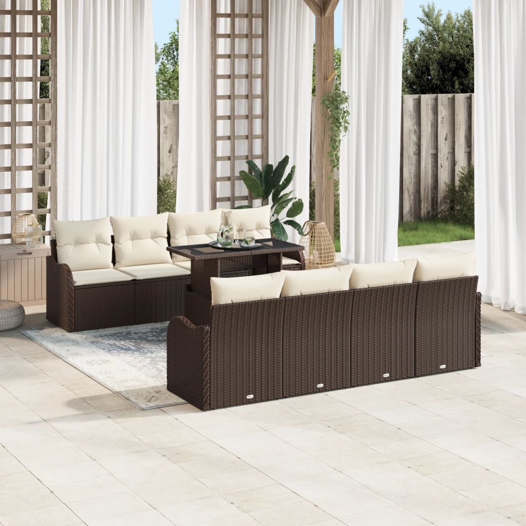 Set di Divano da Giardino a 9 Pezzi con Cuscini Marrone in Polyrattan