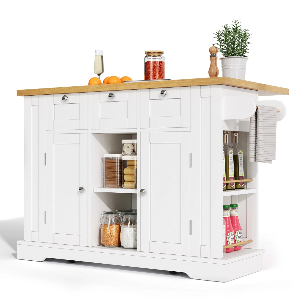 Isola da Cucina Mobile 132x40/70x87 cm Bianca e Legno con Piano Ribaltabile; Prese USB e Cassetti