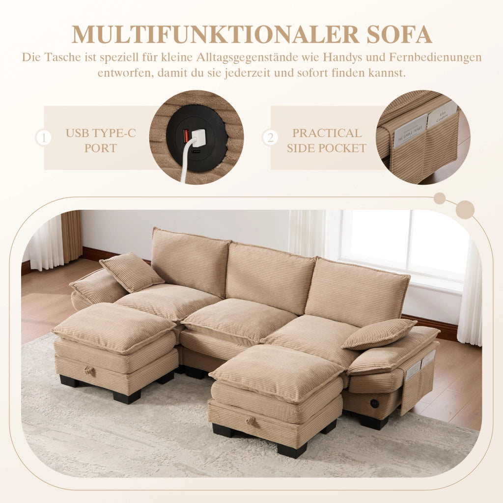 Divano Modulare 3 Posti in Corduroy con Pouf, USB-C e Tasche Laterali, Cachi