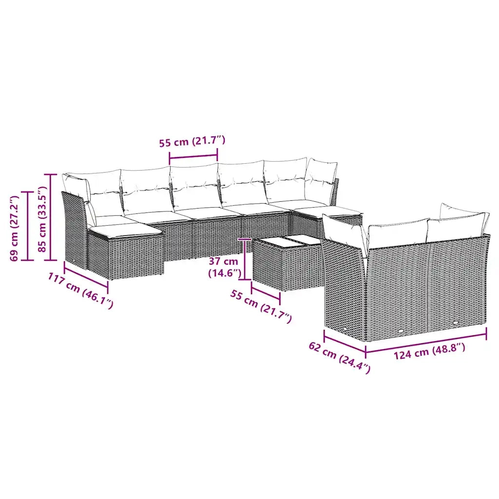 Set Divano Giardino 10 pz con Cuscini Grigio Chiaro Polyrattan 3218322