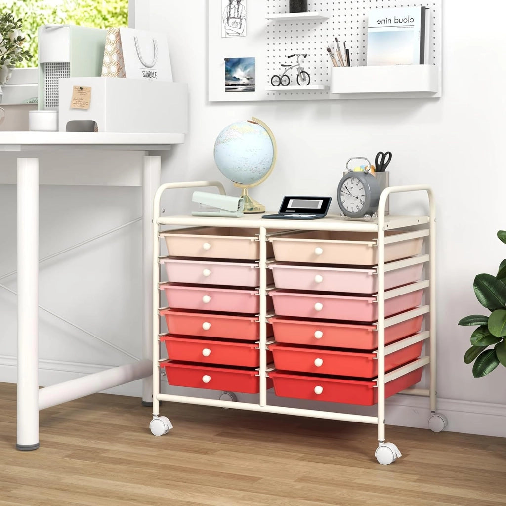 Carrello di Stoccaggio con 12 Cassetti, Carrello portaoggetti con 4 Ruote, Carrello Multiuso per Scuola Ufficio Cucina, 64 x 38 x 62 cm (12 cassetti Rosa sfumato)
