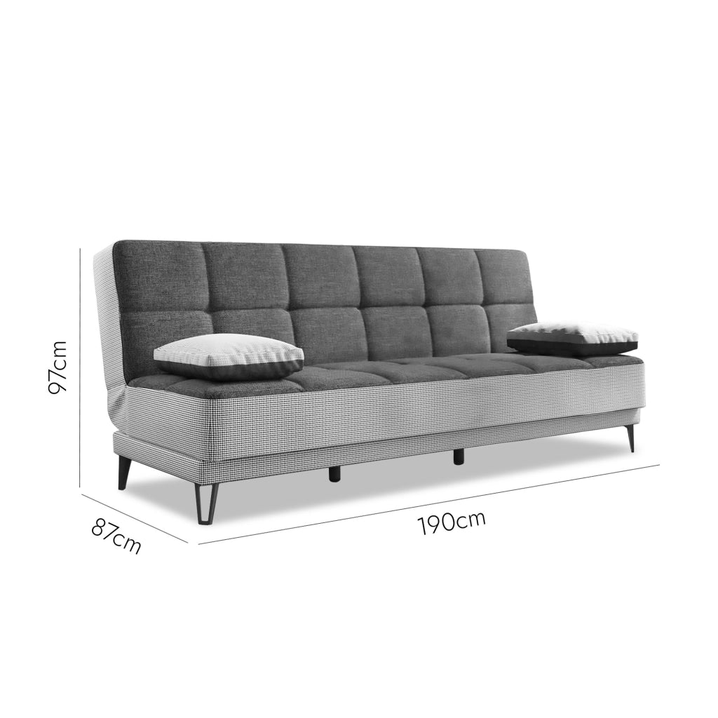 Divano letto Aborigeni, Divano letto a 3 posti con piedini in metallo nero , SofÒ  da soggiorno in tessuto imbottito con apertura click-clack, 190x87h97 cm, Grigio