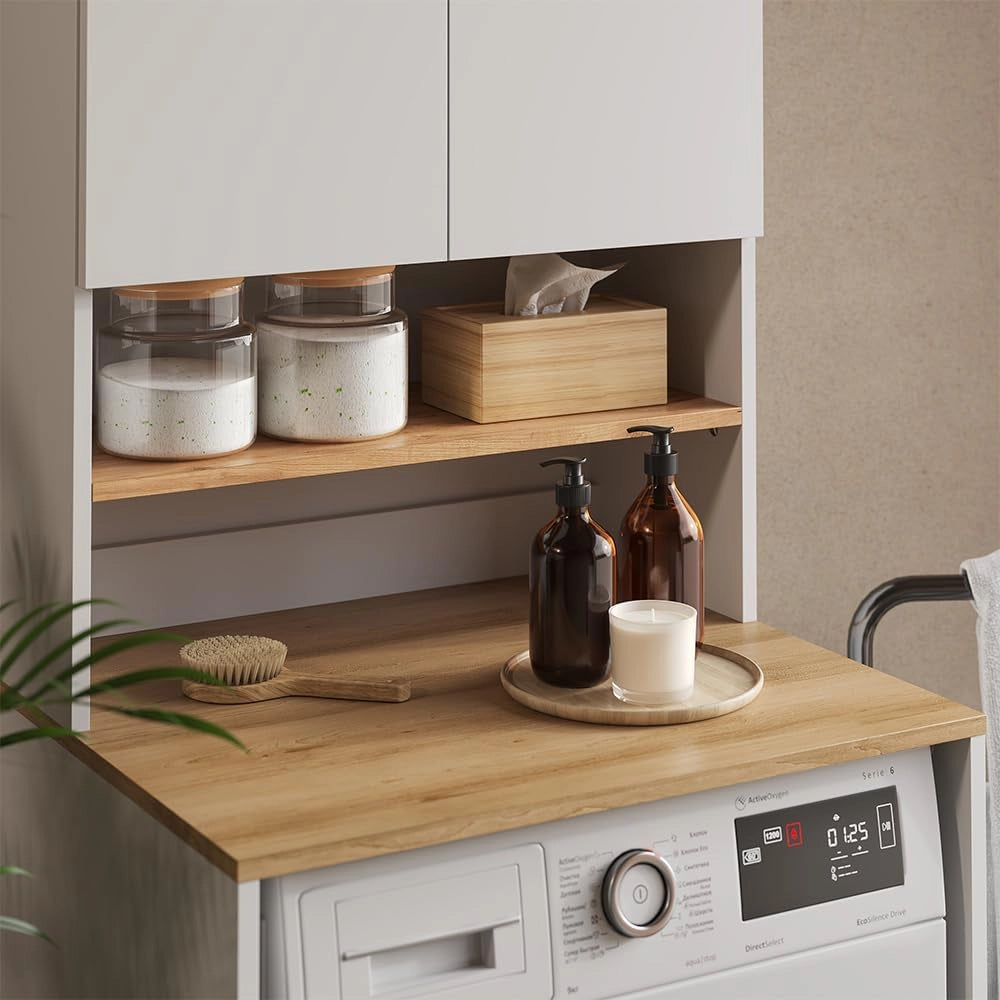 Mobile lavatrice Viktor, Bianco/Artisan, 68 x 88.2 cm 2 parti con ripiano, adatto per riporre detersivo e asciugamani