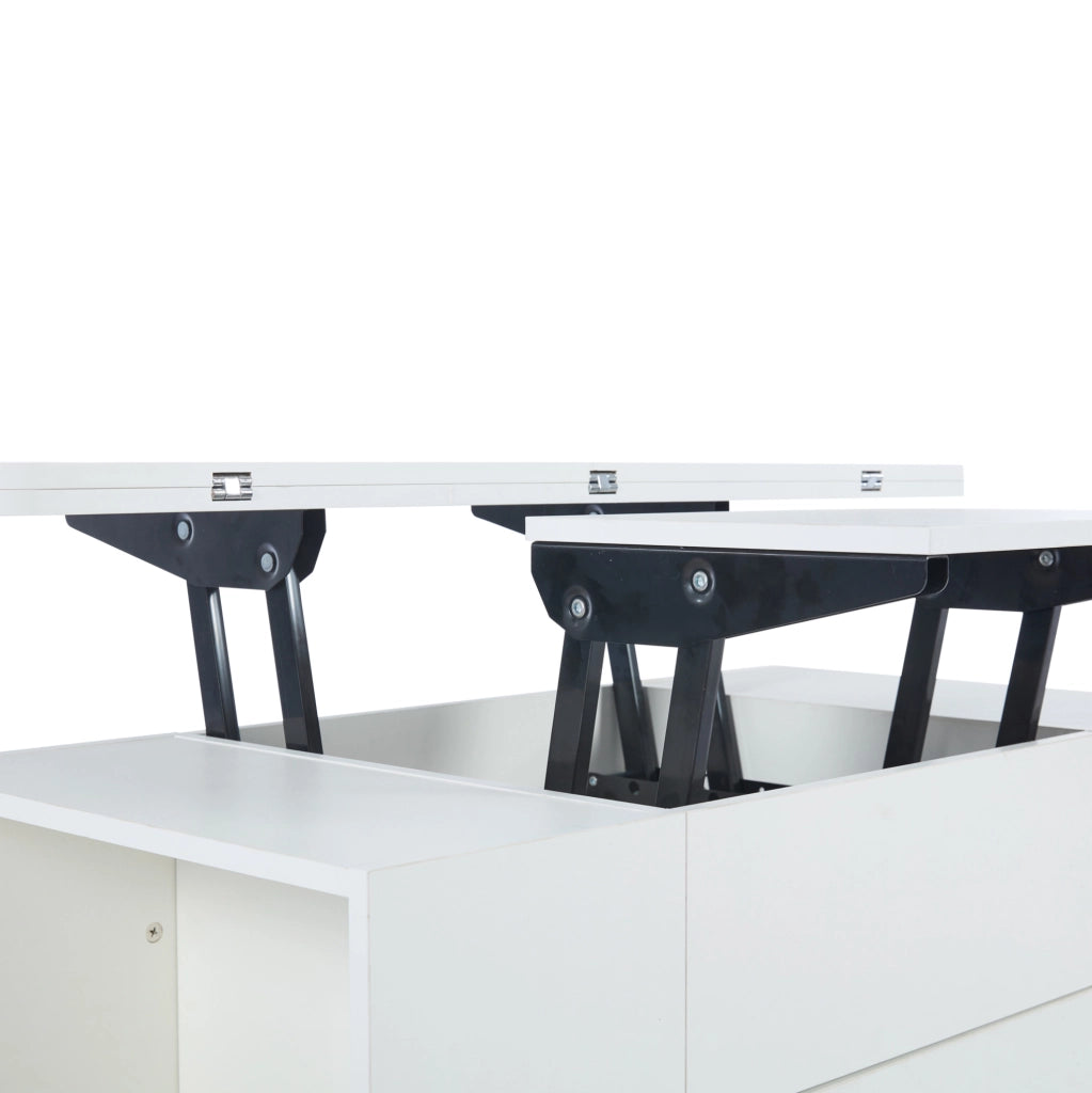 Tavolino multifunzione trasformabile con sollevamento idraulico e 4 sgabelli contenitore