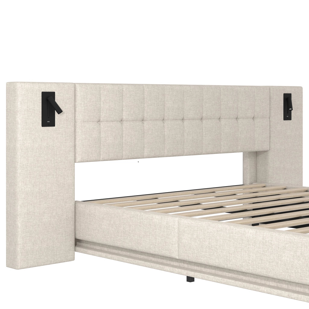 Letto imbottito matrimoniale 180×200 cm con LED regolabile; testiera con luce e USB; senza materasso; beige