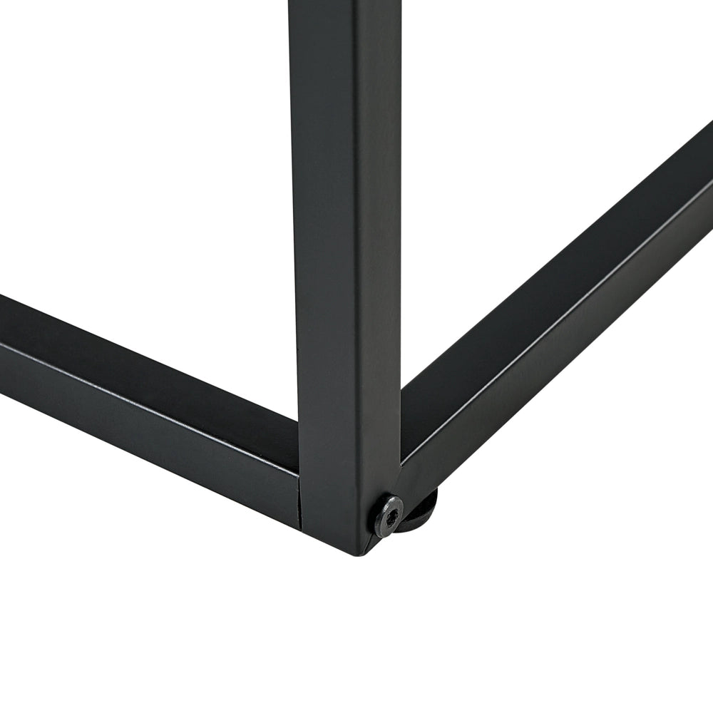Tavolo consolle moderno piano in vetro struttura in metallo con 2 cassetti in legno scuro
