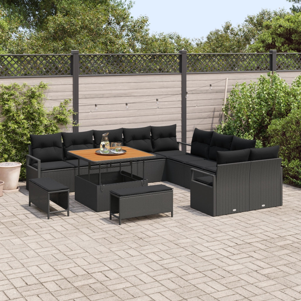 Set di divano da giardino  13 pezzi con cuscini Nero Polyrattan Acacia