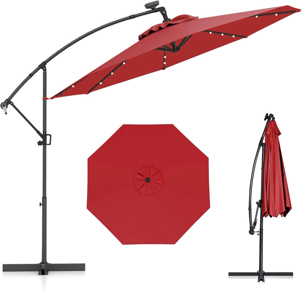 Ombrellone da Giardino ∅300 cm con 32 Luci LED, Ombrellone Prendisole con Rotazione di 360°, Inclinazione Regolabile, 8 Stecche, Manovella, per Giardino Piscina Cortile (Borgogna)