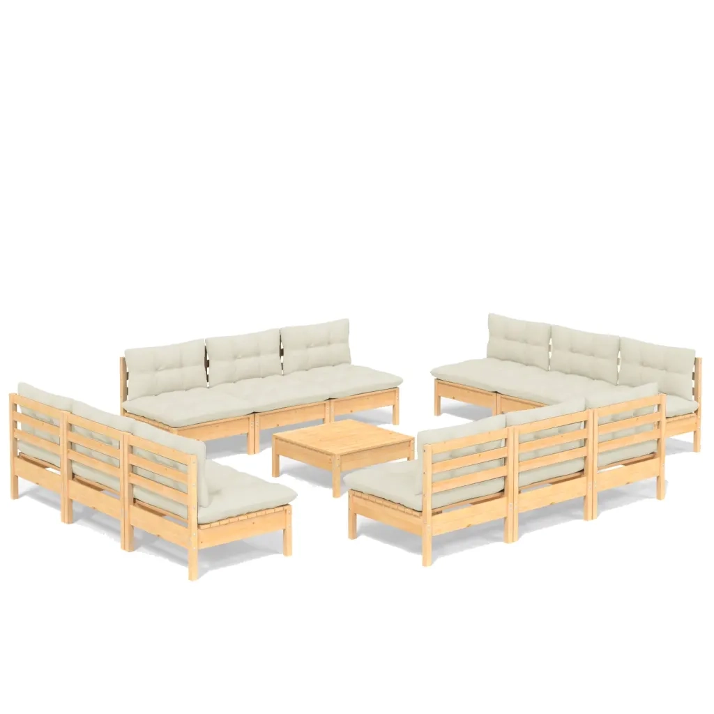 Set Salotto da Giardino 13pz con Cuscini Crema in Legno di Pino 3096052