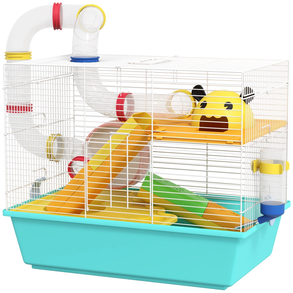 Casetta per Criceti con Ruota, Ciotola e Rampe ¨C zephmum ¨C 45x28x37 cm Bianco Azzurro