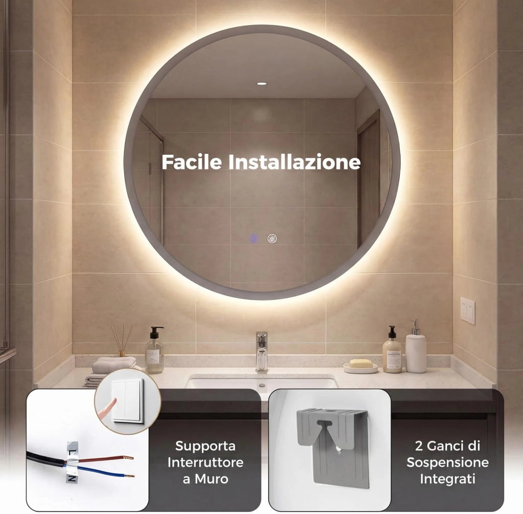 Specchio Rotondo con Luce 60 cm, Specchio Retroilluminato Bagno con 3 Colori Luce, Antideflagrante, Antiappannamento, Luminosità Regolabile, IP44, Memoria e Vetro Temperato HD (60 x 60 cm)