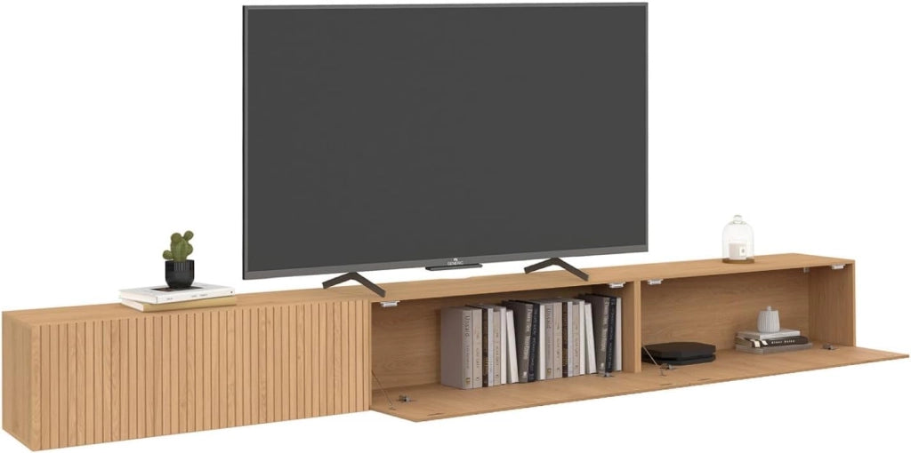 Mobile TV sospeso JULIETTE 270 cm con 3 doghe in legno color rovere