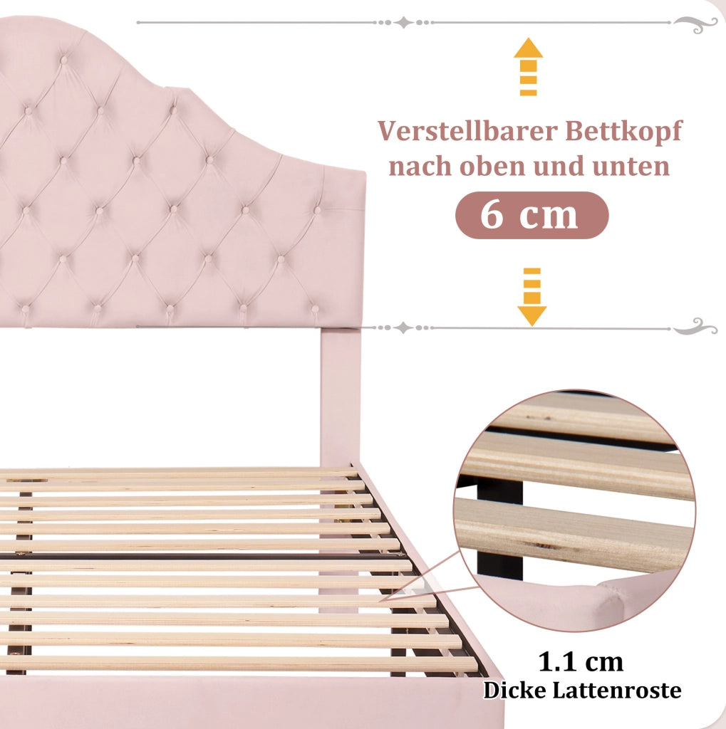 Letto imbottito in velluto rosa 140 x 200 cm con rete a doghe