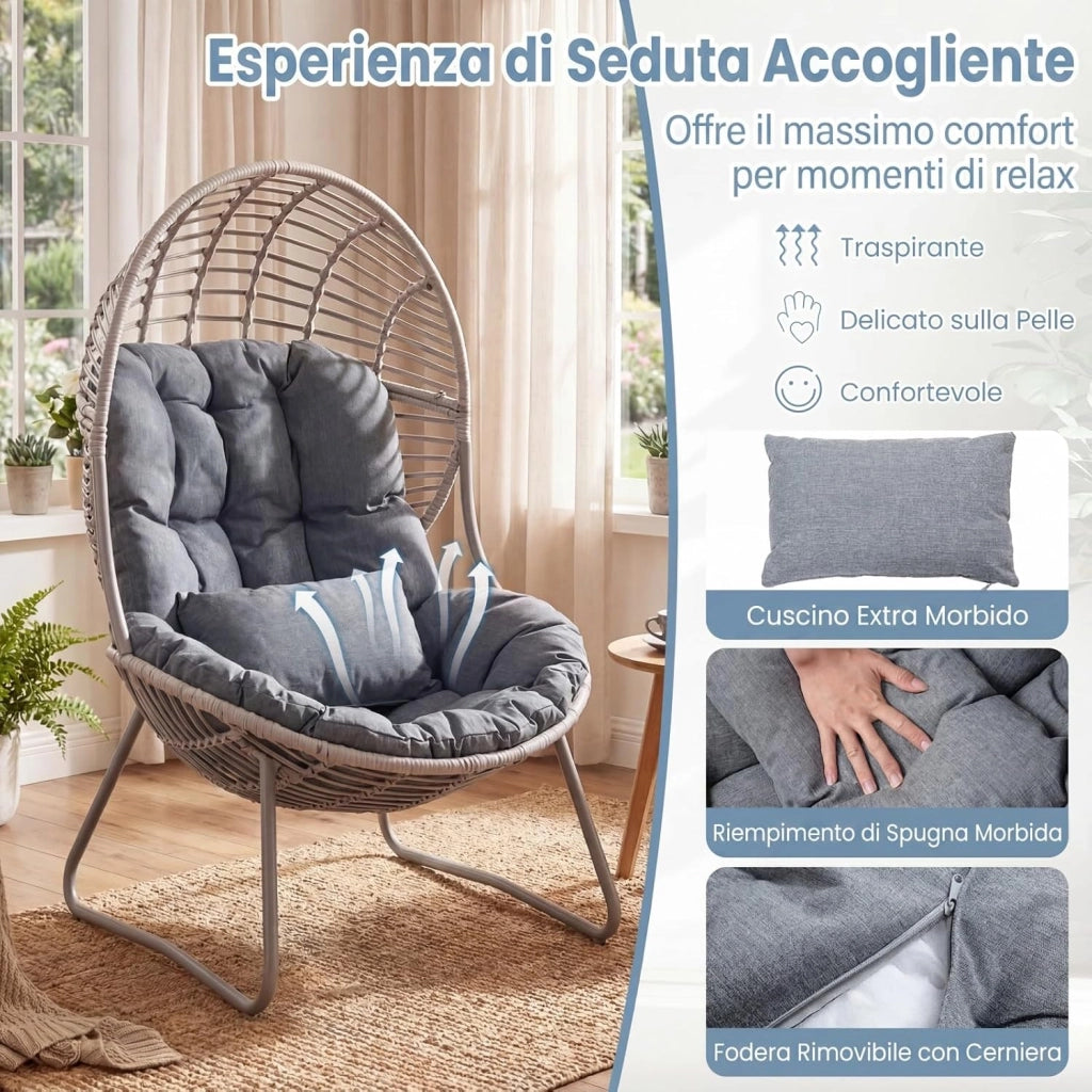 Poltrona da Giardino in PE Rattan, Sedia Relax a Nido con Cuscino Imbottito, Sedile Ampio e Telaio in Metallo, Poltrona per Lettura, Lounge e Riposo, per Esterno e Interno, Max 150 kg, Grigio