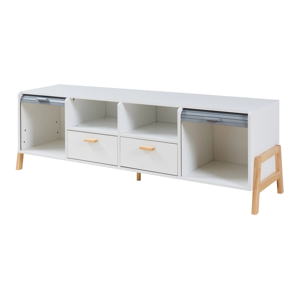 Mobile Porta TV Kvaefjord con Casseti Scomparti Aperti e Ante a Serranda - Bianco/Grigio [en.casa]