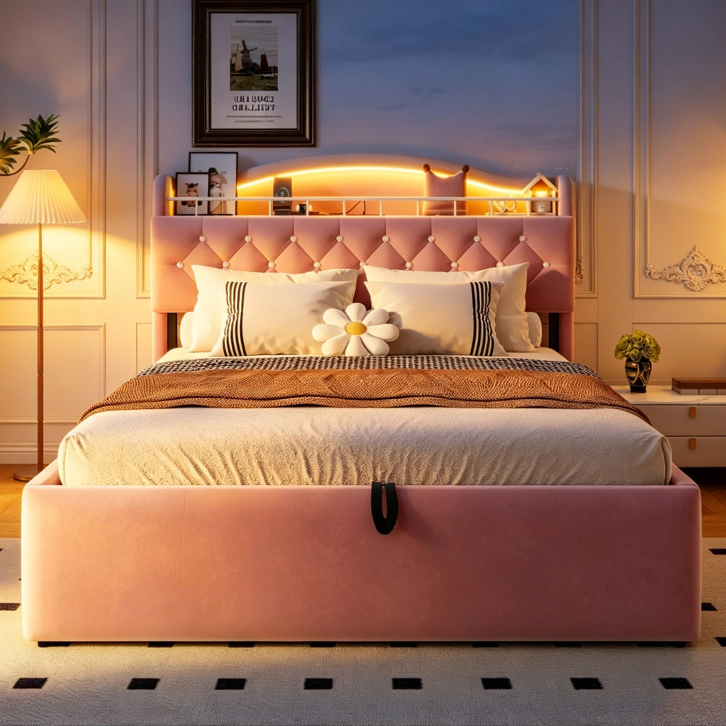 DESMIU Letto contenitore 140 × 200 cm 2 posti con LED, USB e USB-C, senza materasso, rosa