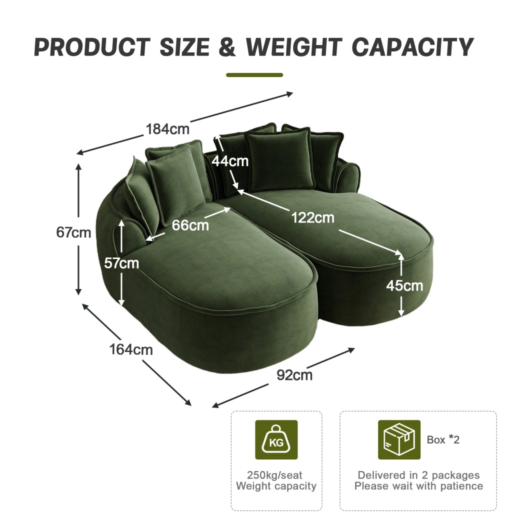 Divano modulare a due posti in chenille senza telaio con seduta ergonomica e cuscini verde 184 × 164 × 67 cm