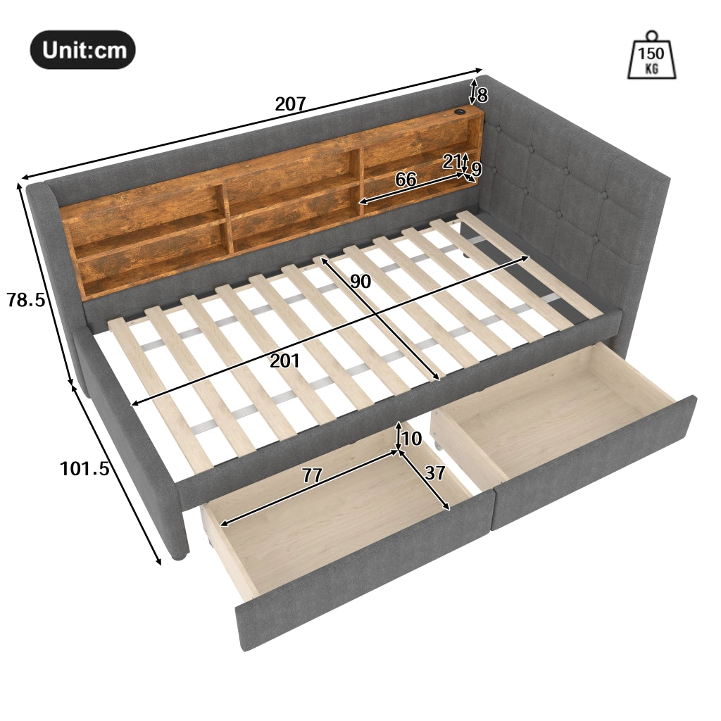 Letto singolo 90×200 cm con 2 cassetti; USB e Type-C; ripiani; senza materasso; lino; grigio