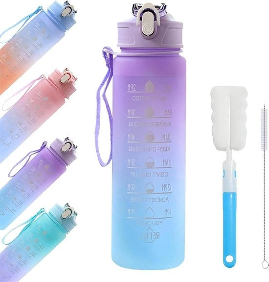 Sportwaterfles con rietello e marcature di tempo - Lekvrije Tritan BPA libero - Per palestra, mensa, uomini, donne, ragazze e ragazzi - Verloop Blu 750ml sportwaterfles