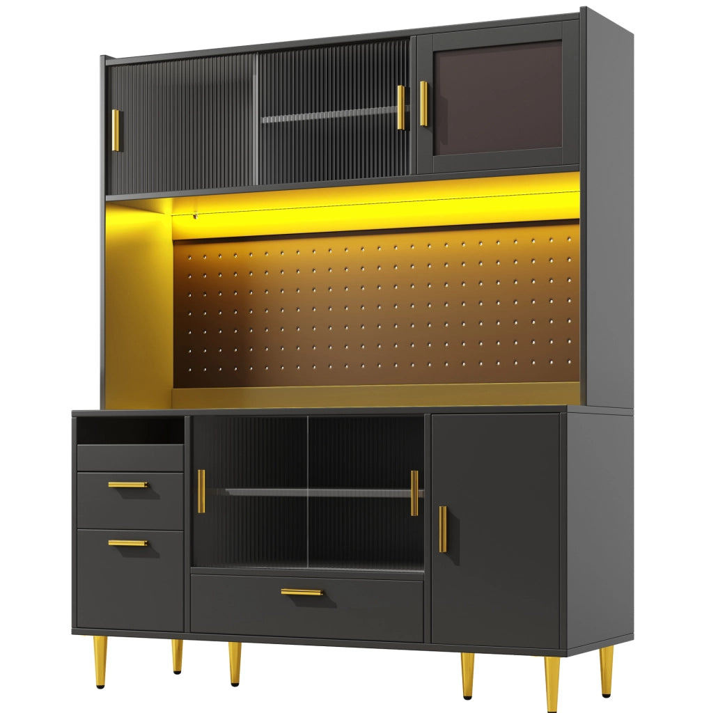 Credenza ULEVR 140x40x180 cm con vetrine, cassetti, ripiani regolabili e LED multicolore, nera