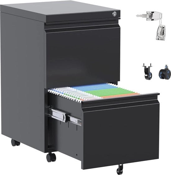 Contenitore metallico con 2 carichi - Cassetto archiviale per ufficio con ruote - 65x37x44 cm - Nero