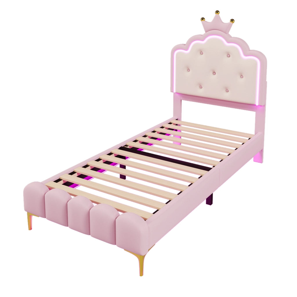 Letto a corona per bambine con LED ambientali e telecomando; PU rosa; 90x200 cm; senza materasso