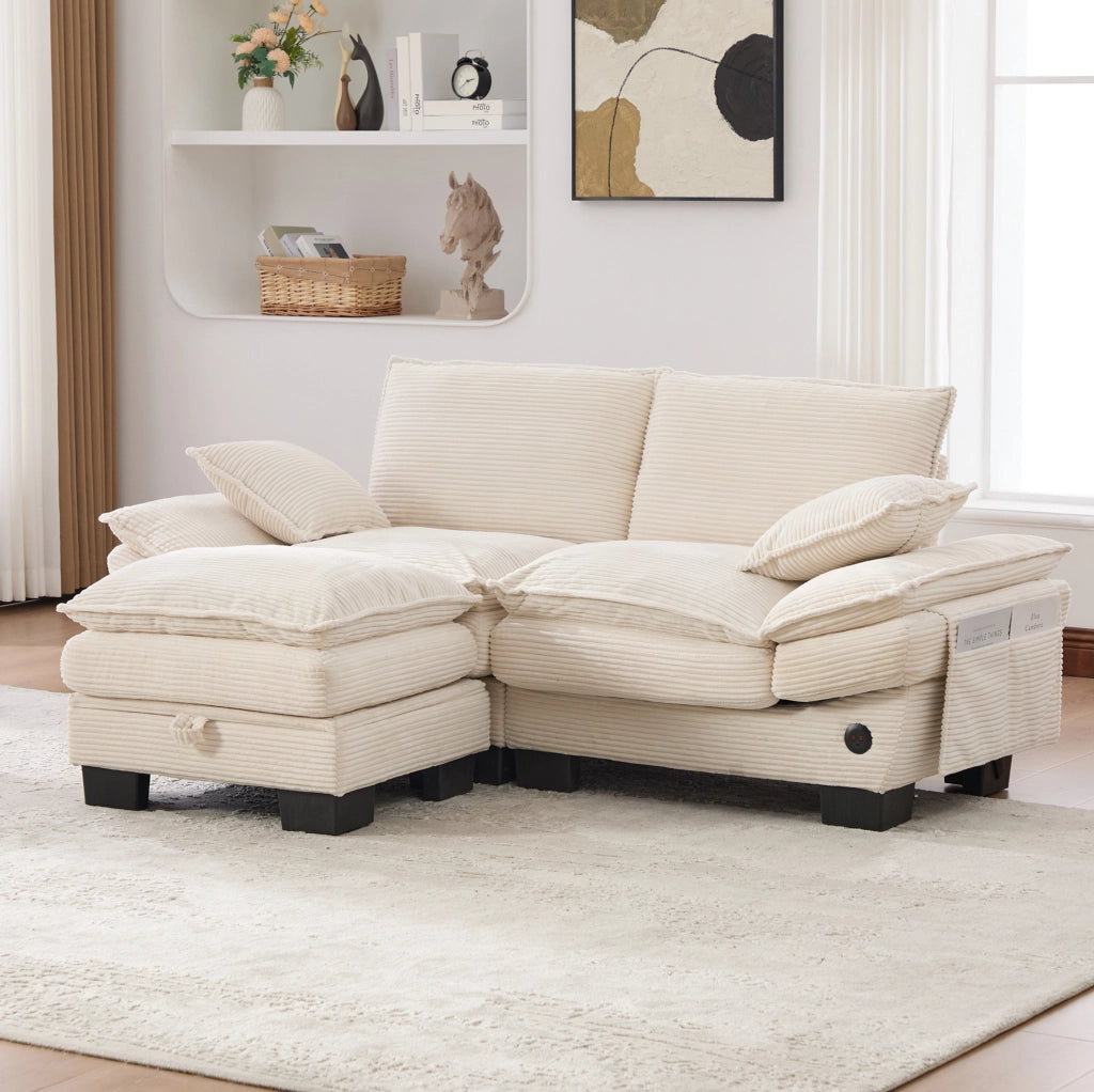 Divano 2 posti con pouf contenitore in corduroy beige; 190x132x84 cm