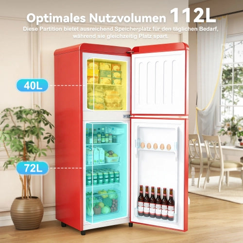 Frigorifero a doppia porta (112L) – controllo della temperatura a 7 livelli; classe di efficienza energetica E; luce LED; ripiani regolabili e portauova – Rosso